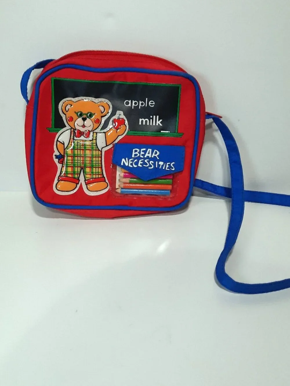 Vintage 1984 Lanco Bear Necessities Kids Shoulder Bag Purse Crayons Red Blue